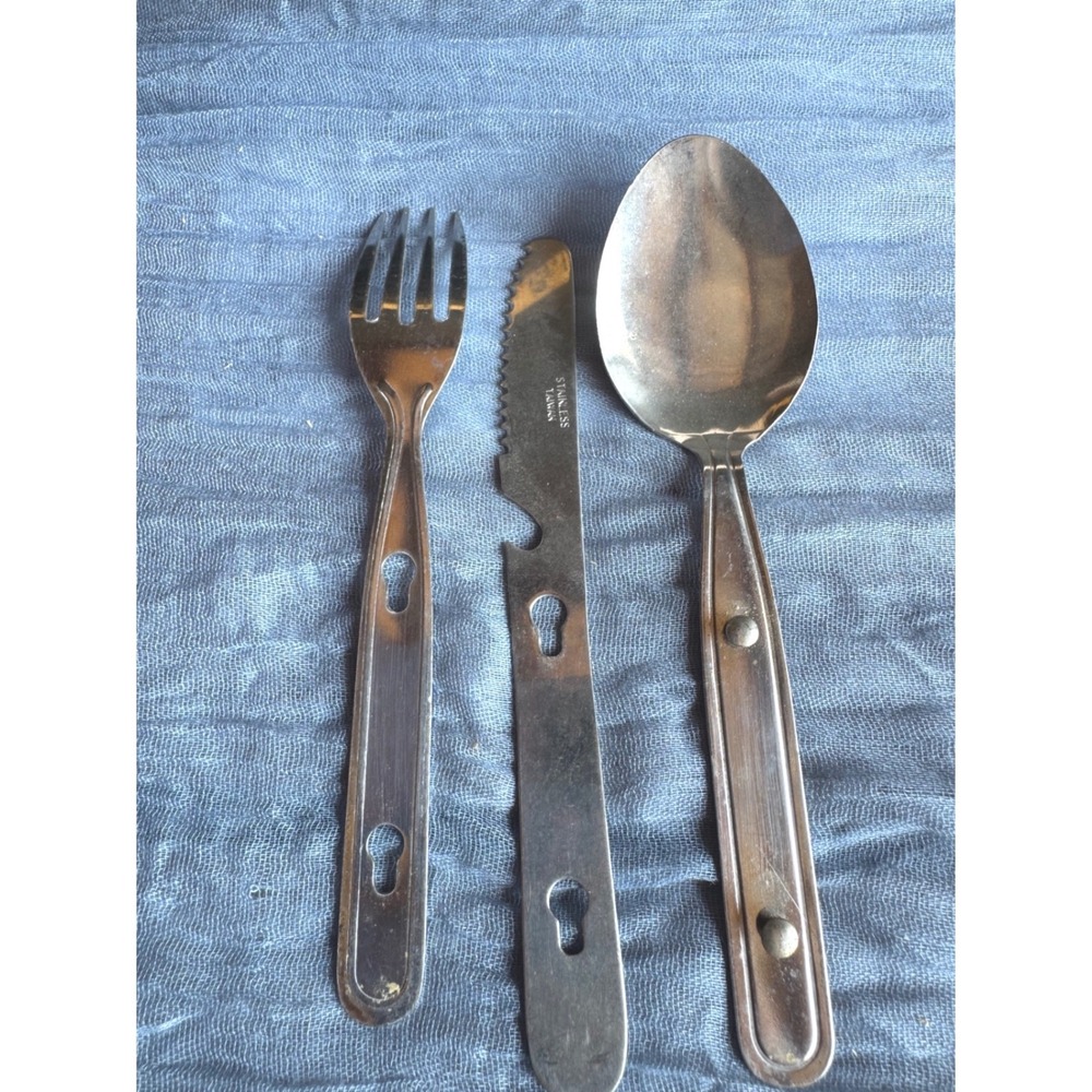 Vintage Stainless Taiwan Camping Hobo Utensil Set Interlocking Fork Spoon Knife